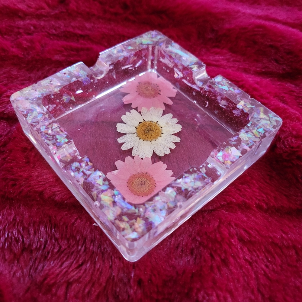 Handcrafted Flowers Candy Dish Ashtray Resin Art Stars Glitter